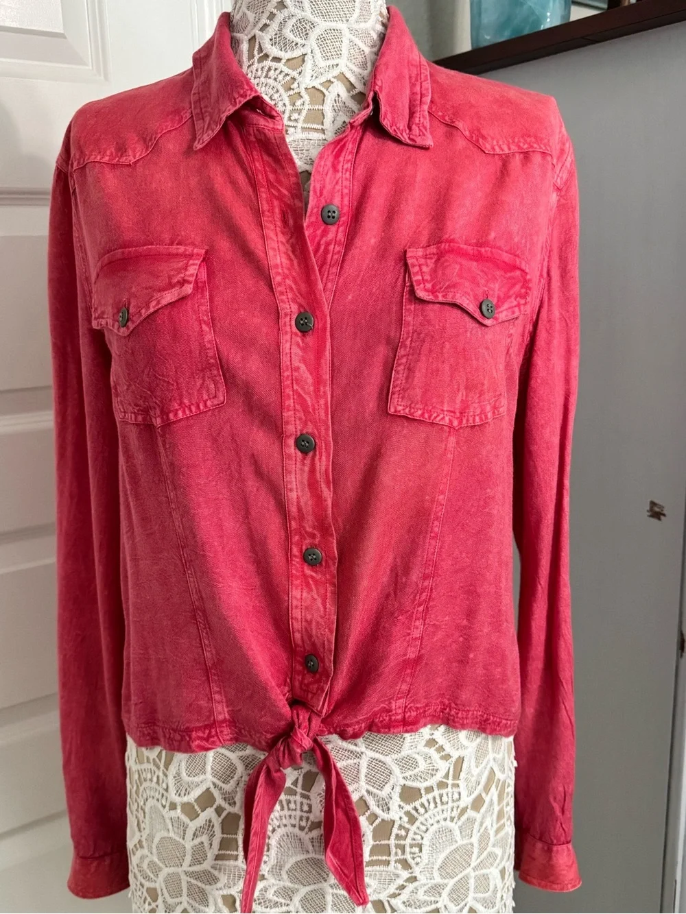 Acid Wash Tie Front Utility Button Down Shirt WallFlower Large